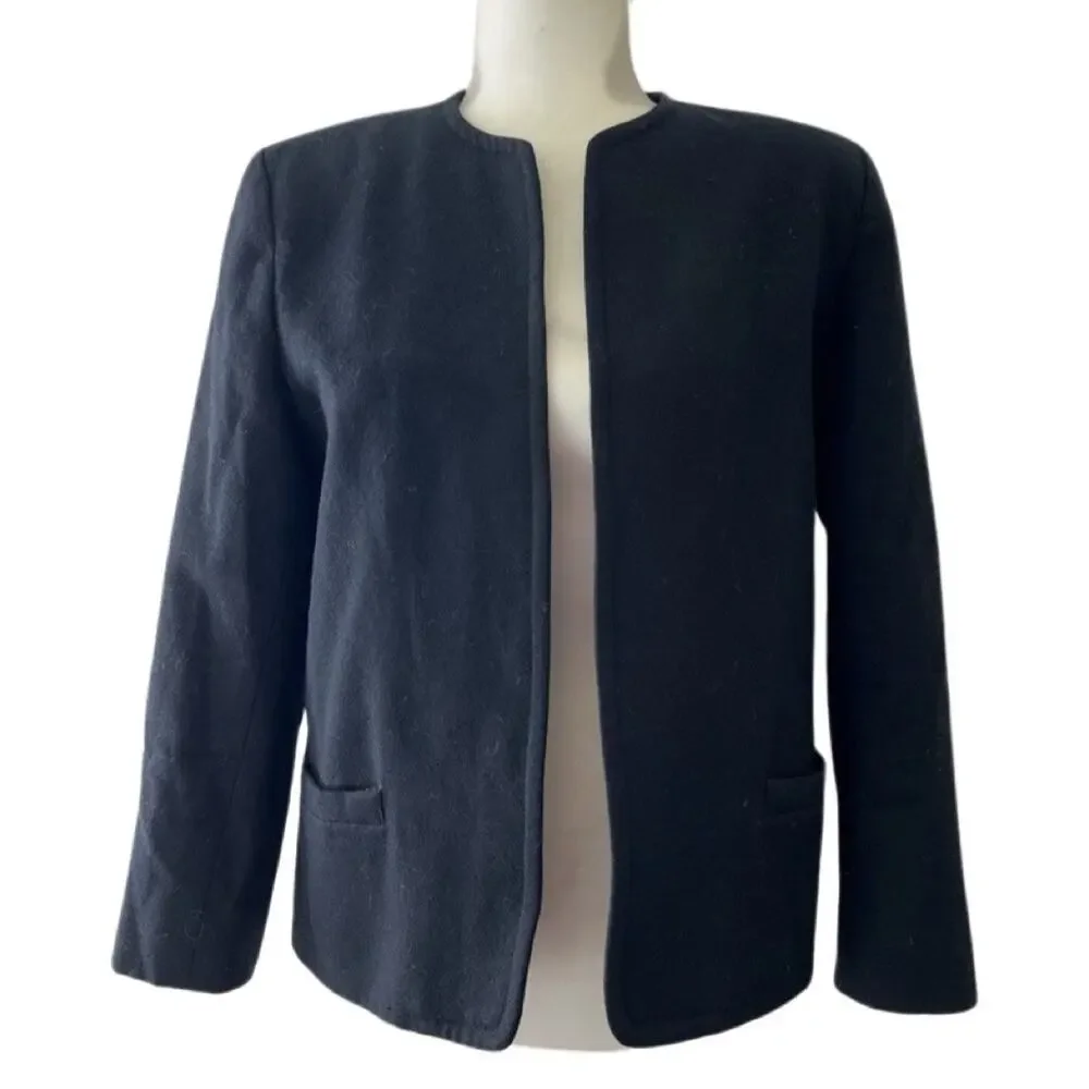 Vintage 80s Talbots Black 100% Wool Open Blazer Size 10 Lined Shoulder Pads - Picture 2 of 8